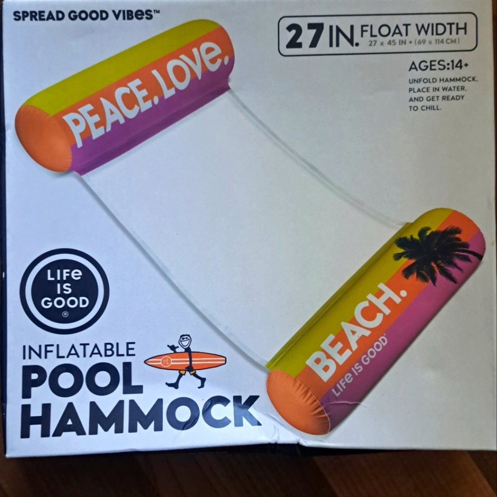 Life Is Good Peace Love Beach Inflatable Hammock - Orange and Pink